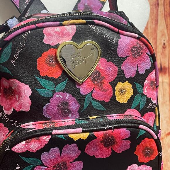 Betsey Johnson black & bright floral mini backpack faux leather adjustable - Picture 4 of 9